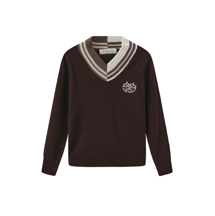 top l/s striped trim crest sweater - brown