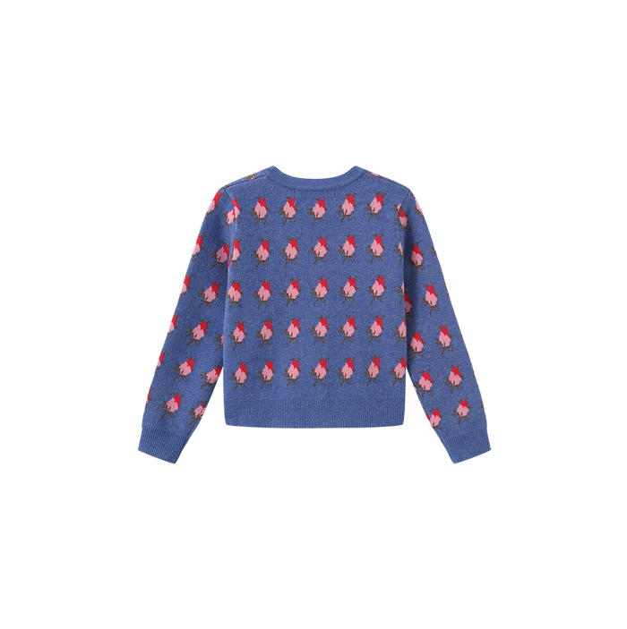 top l/s vintage floral knit cardigan - blue