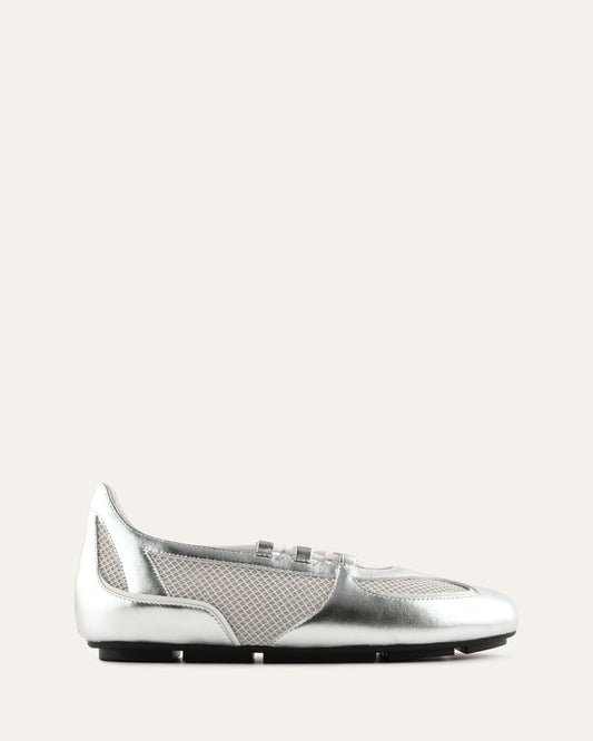 Silver shoe with mesh design on a white background