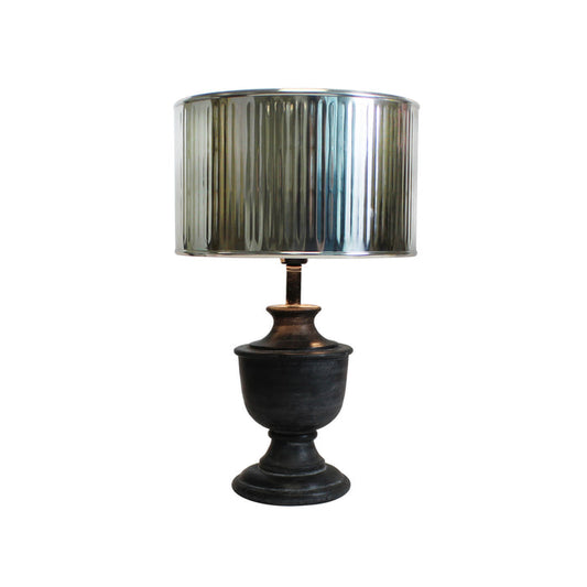 Urban Designs 20-Inch Round Wood Dark Gray Wash and Drum Silver Metal Table Lamp