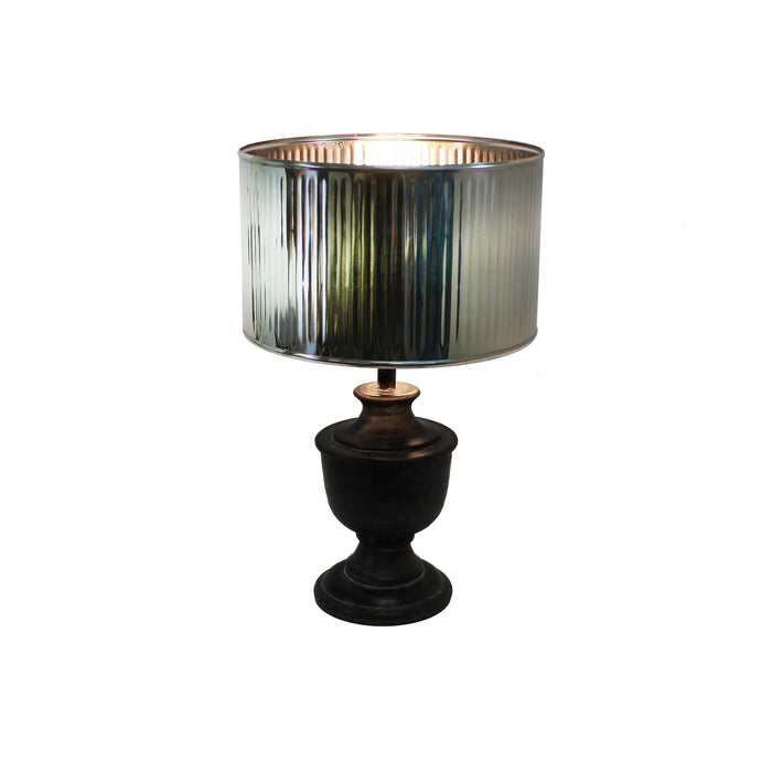Urban Designs 20-Inch Round Wood Dark Gray Wash and Drum Silver Metal Table Lamp
