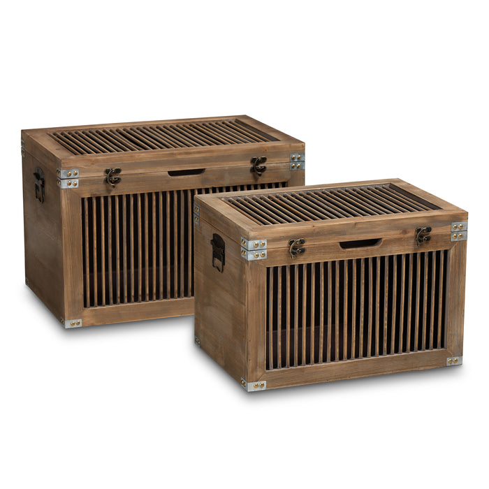 Urban Designs Claret Slatted 2-Piece Wooden Storage Trunk Set - Oak Brown
