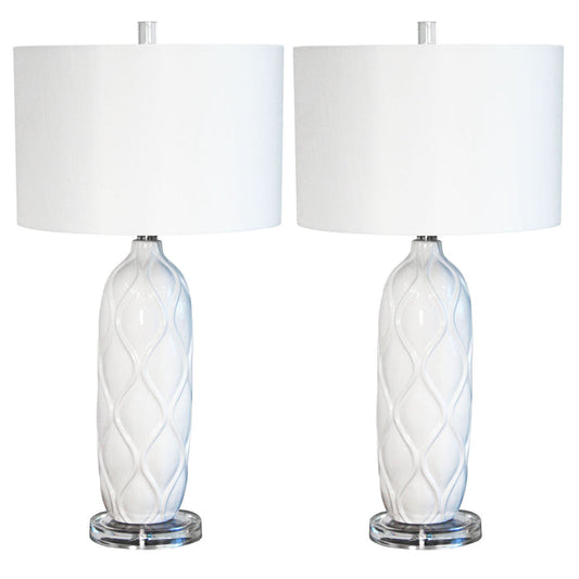 Urban Designs White Waved Ceramic 26" Table Lamp with Shade - Set of 2