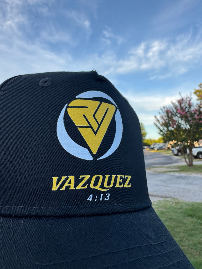 Vázquez 4:13 black baseball hat logo close-up