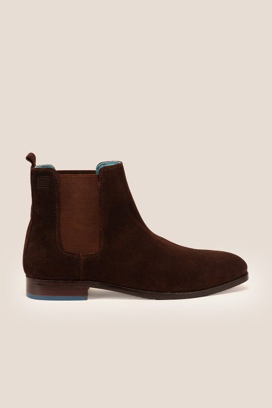 Vinnie brown suede Chelsea boots for men by Oswin Hyde – sleek silhouette with stacked heel and soft suede upper for stylish, comfortable everyday wear.