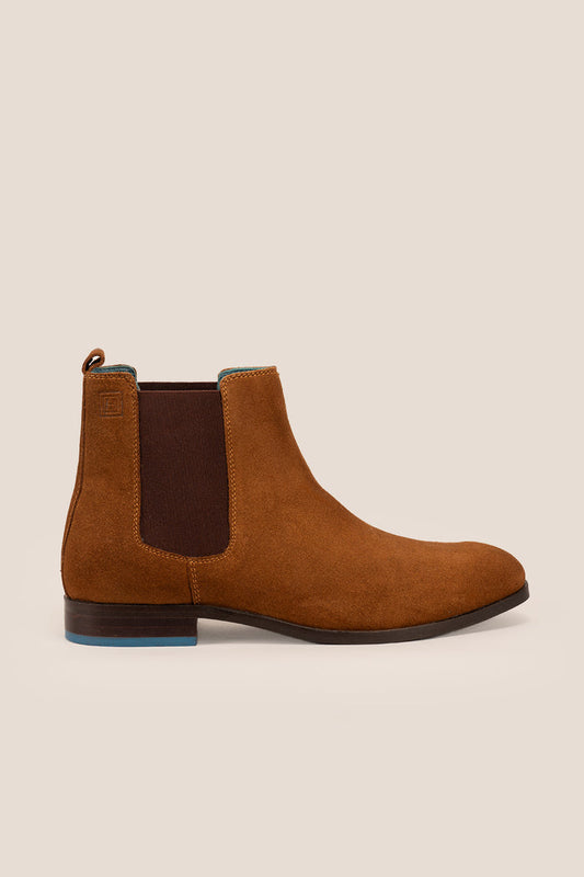 Vinnie tobacco suede Chelsea boots for men by Oswin Hyde – premium suede upper with sleek silhouette and stacked heel for stylish, comfortable wear.