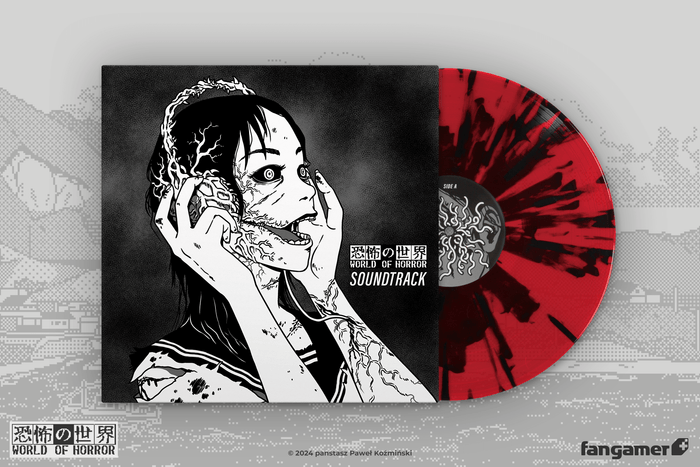 The World of Horror soundtrack vinyl against a pixel-art background. On the cover, a zombified woman in a schoolgirl outfit is clutching a pair of over-ear headphones that have grown through her arm and are laying down roots through her hair. The vinyl is red with a black splatter.