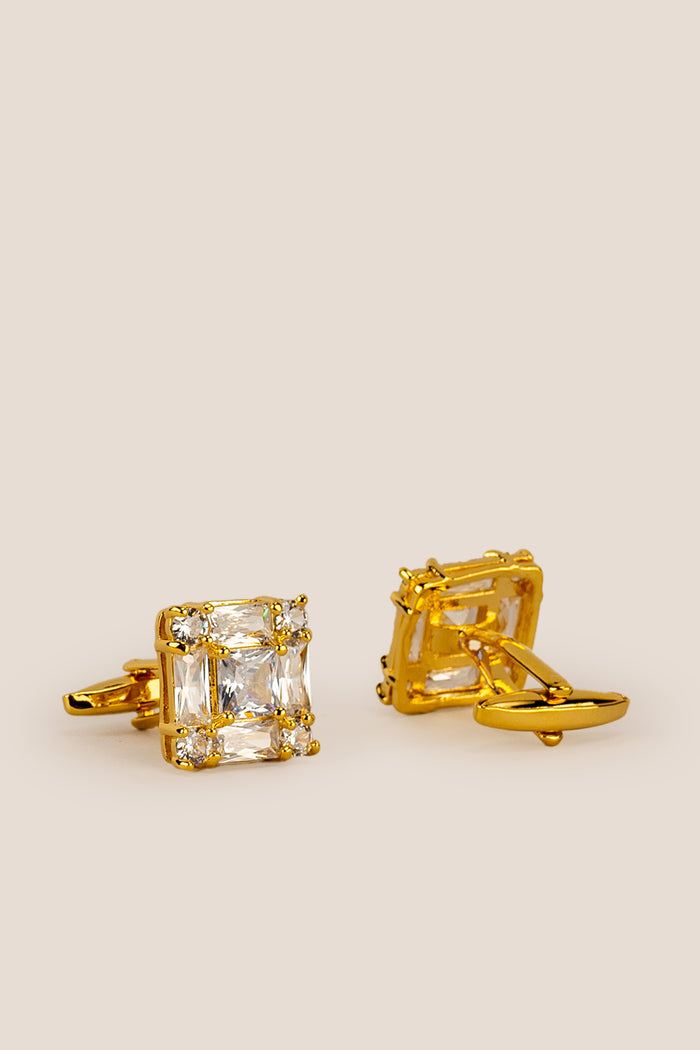 Men’s Zirc Cubic White cufflinks featuring brilliant white stones set in intricate metalwork for precision craftsmanship and formal elegance.