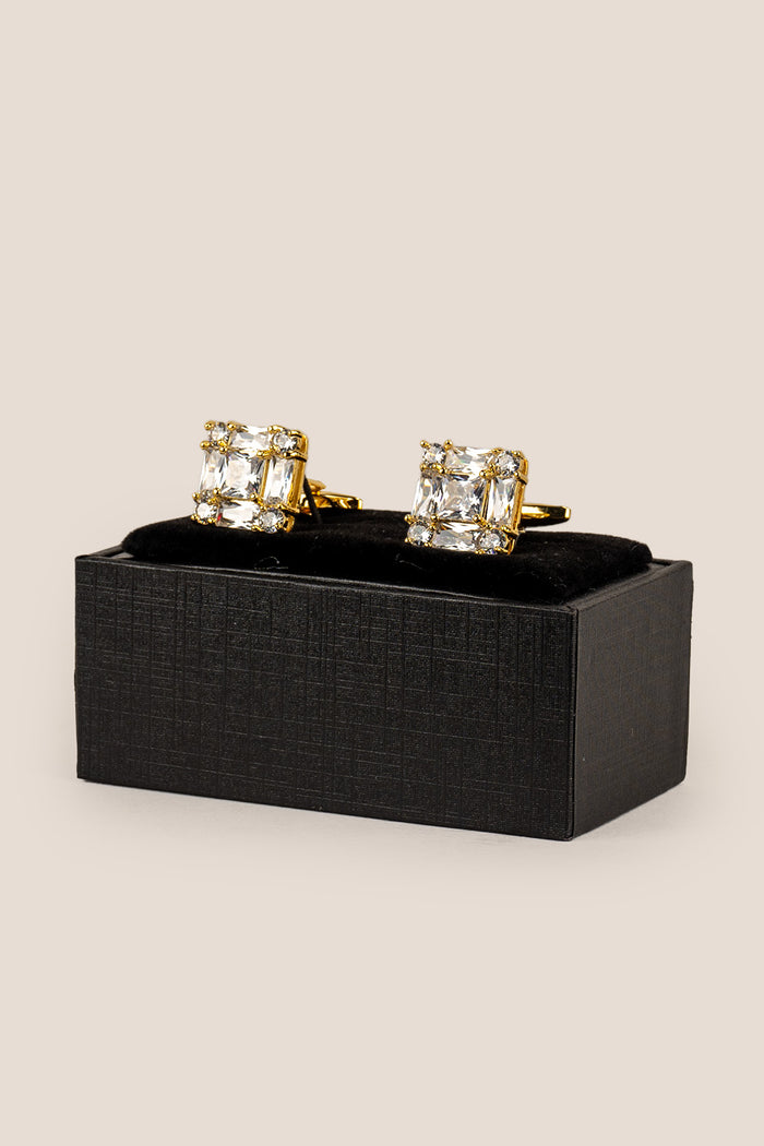 Men’s Zirc Cubic White cufflinks featuring brilliant white stones set in intricate metalwork for precision craftsmanship and formal elegance.